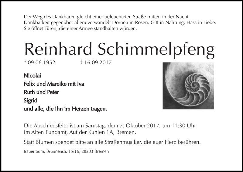  Traueranzeige für Reinhard Schimmelpfeng vom 23.09.2017 aus WESER-KURIER