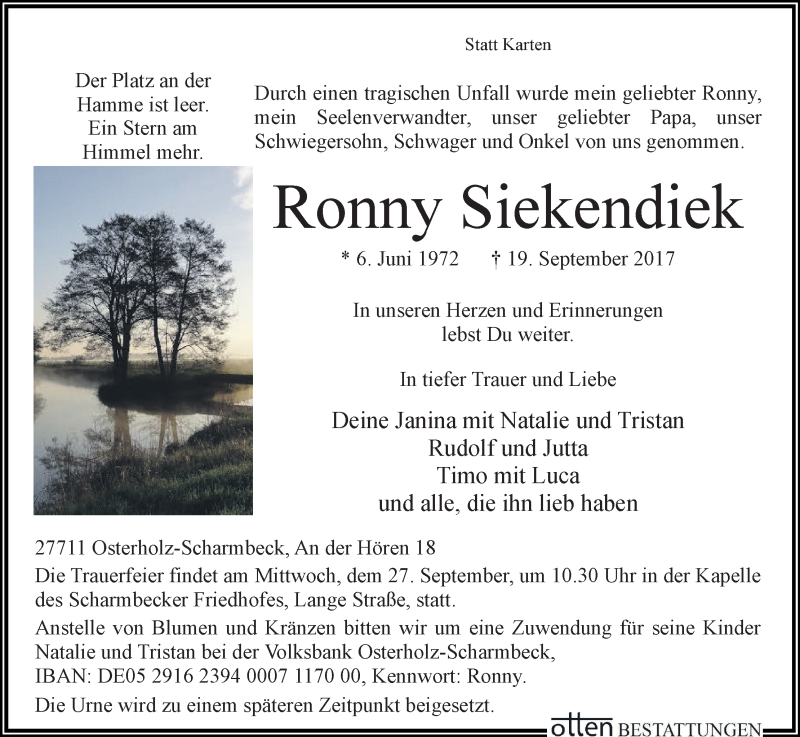  Traueranzeige für Ronny Siekendiek vom 21.09.2017 aus Osterholzer Kreisblatt