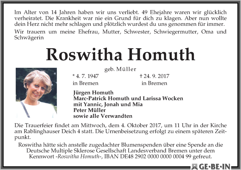  Traueranzeige für Roswitha Homuth vom 30.09.2017 aus WESER-KURIER