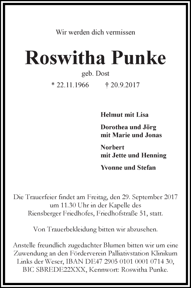  Traueranzeige für Roswitha Punke vom 23.09.2017 aus WESER-KURIER