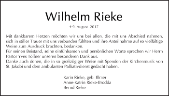 Traueranzeige von Wilhelm Rieke