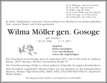 Traueranzeige von Wilma Möller
