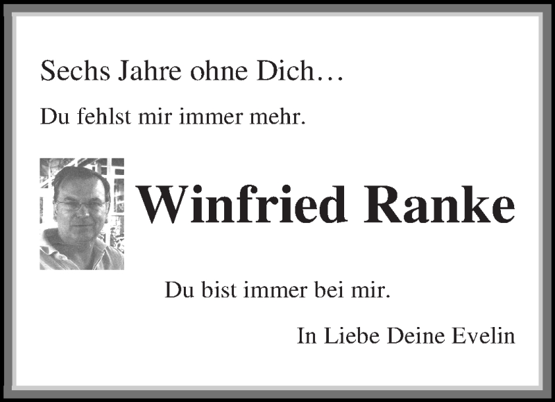  Traueranzeige für Winfried Ranke vom 19.09.2017 aus Die Norddeutsche