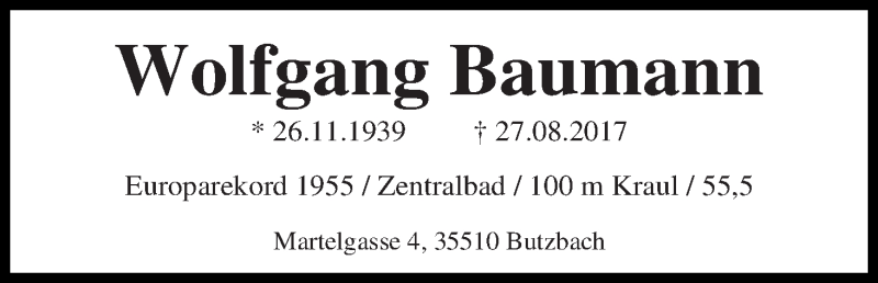  Traueranzeige für Wolfgang Baumann vom 02.09.2017 aus WESER-KURIER