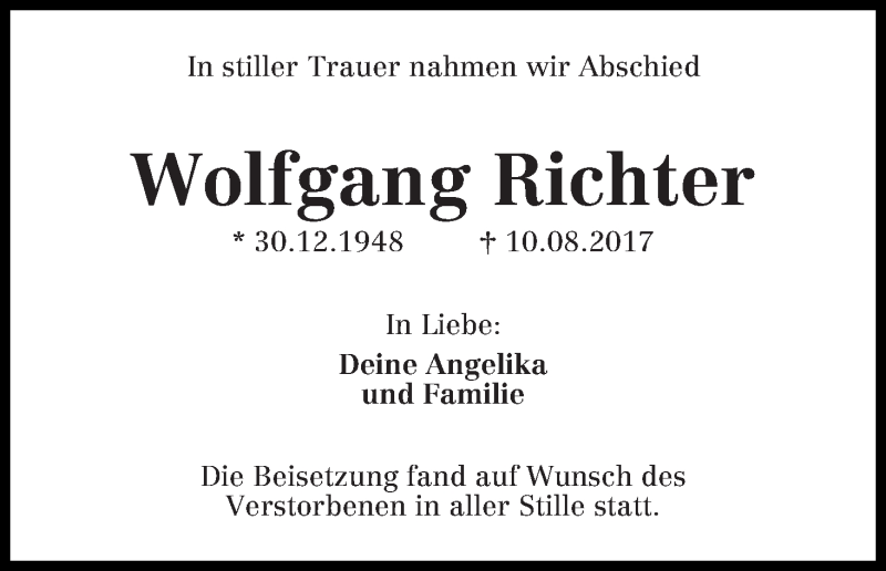  Traueranzeige für Wolfgang Richter vom 02.09.2017 aus Die Norddeutsche