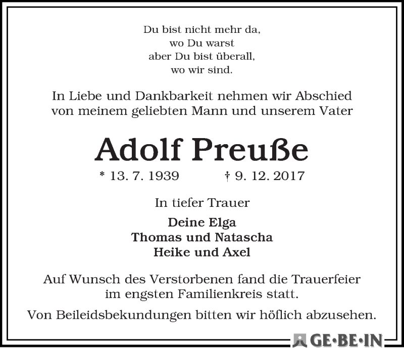 Traueranzeige von Adolf Preuße von WESER-KURIER