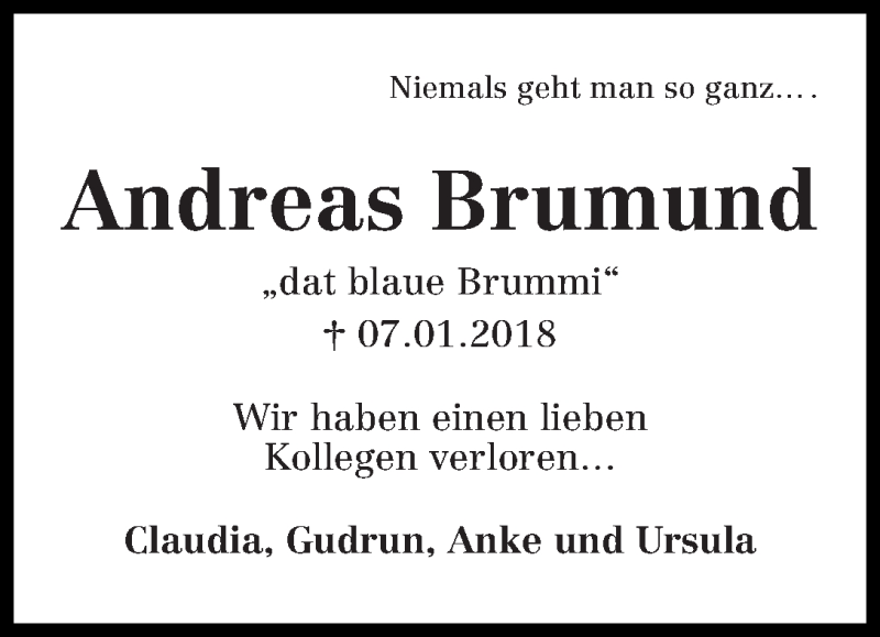  Traueranzeige für Andreas Brumund vom 17.01.2018 aus WESER-KURIER