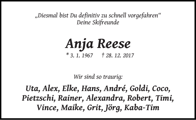  Traueranzeige für Anja Reese vom 06.01.2018 aus WESER-KURIER