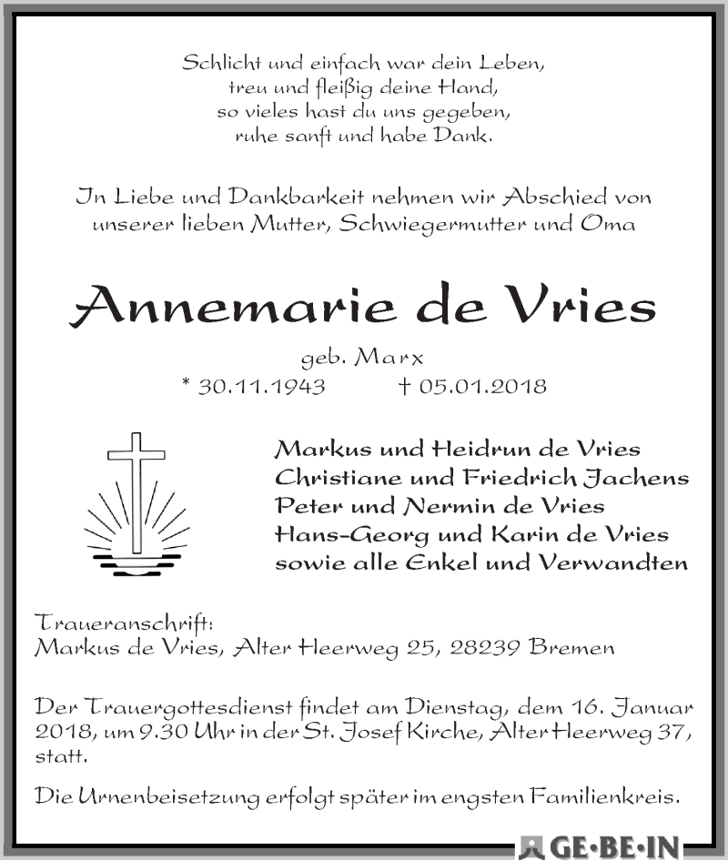  Traueranzeige für Annemarie de Vries vom 13.01.2018 aus WESER-KURIER