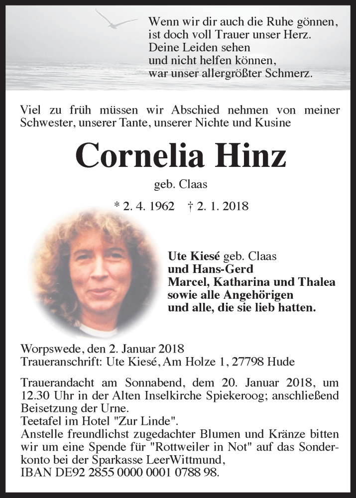 Traueranzeigen von Cornelia Hinz | Trauer &amp; Gedenken