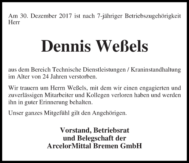  Traueranzeige für Dennis Weßels vom 06.01.2018 aus WESER-KURIER
