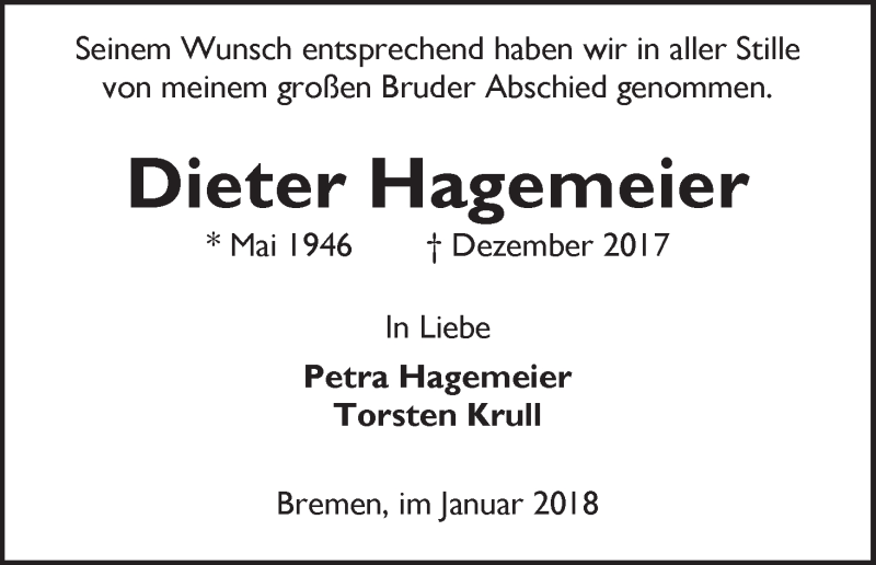 Traueranzeige von Dieter Hagemeier von WESER-KURIER
