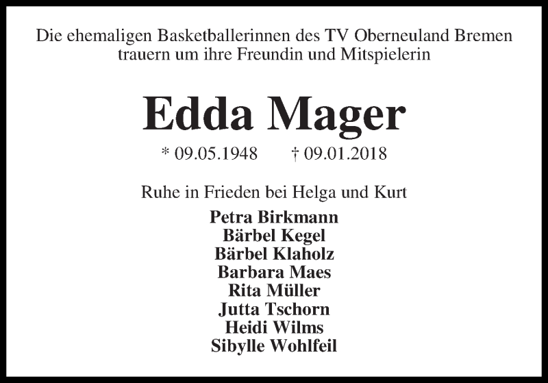  Traueranzeige für Edda Mager vom 13.01.2018 aus WESER-KURIER