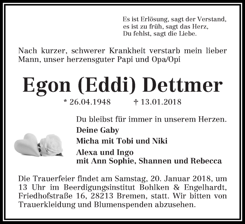  Traueranzeige für Egon (Eddi) Dettmer vom 17.01.2018 aus WESER-KURIER