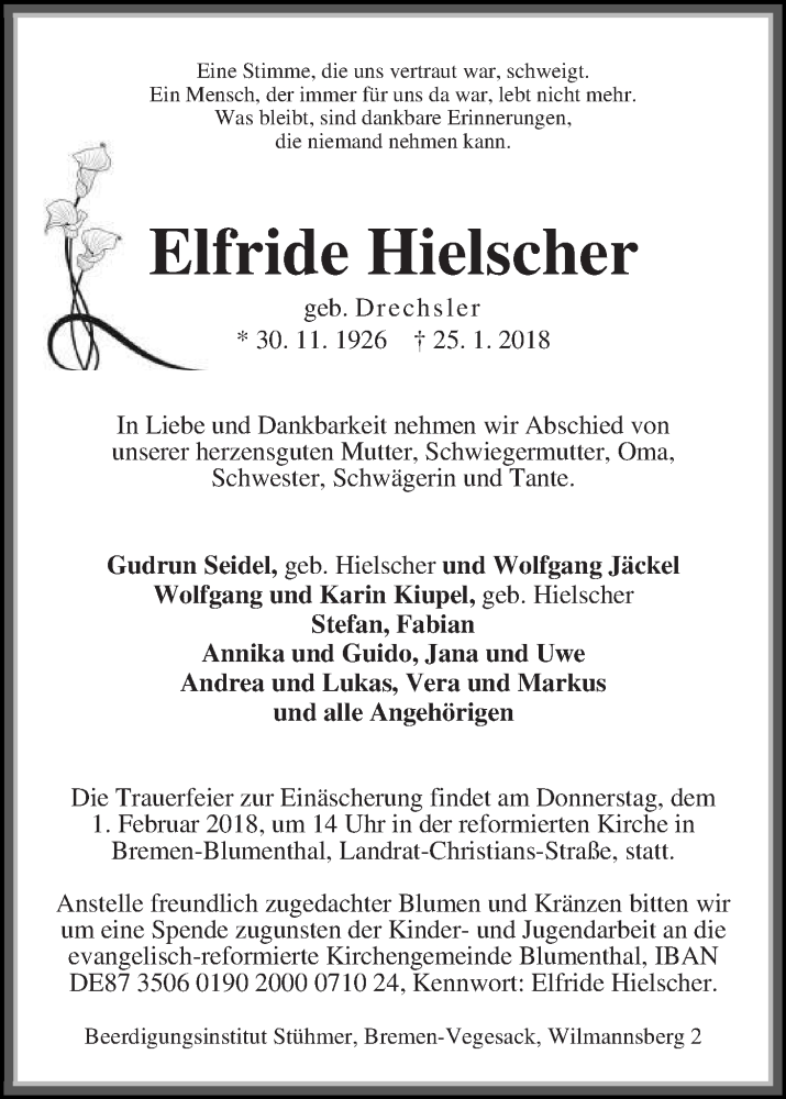 Traueranzeige für Elfride Hielscher vom 29.01.2018 aus Die Norddeutsche