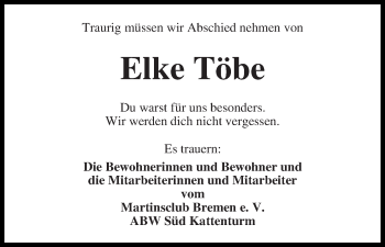 Traueranzeige von Elke Töbe