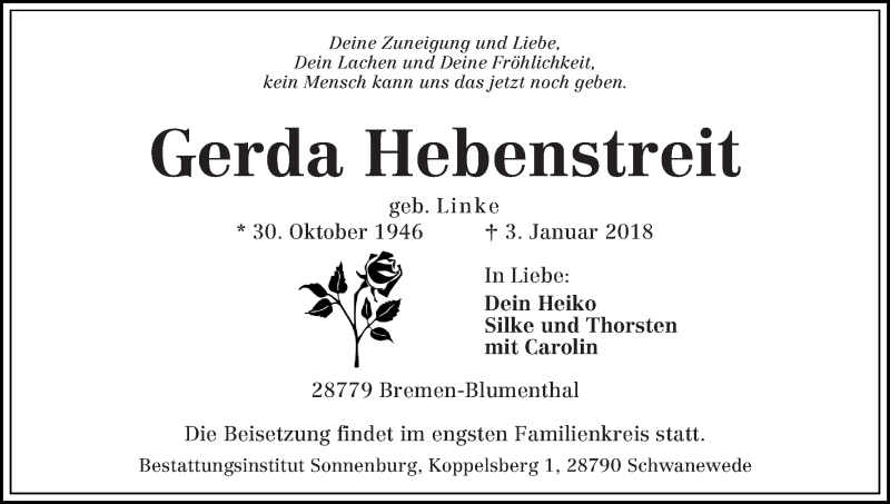  Traueranzeige für Gerda Hebenstreit vom 06.01.2018 aus Die Norddeutsche