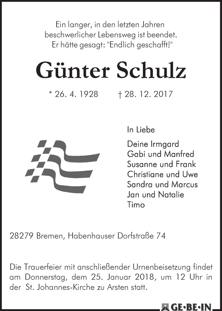  Traueranzeige für Günter Schulz vom 13.01.2018 aus WESER-KURIER