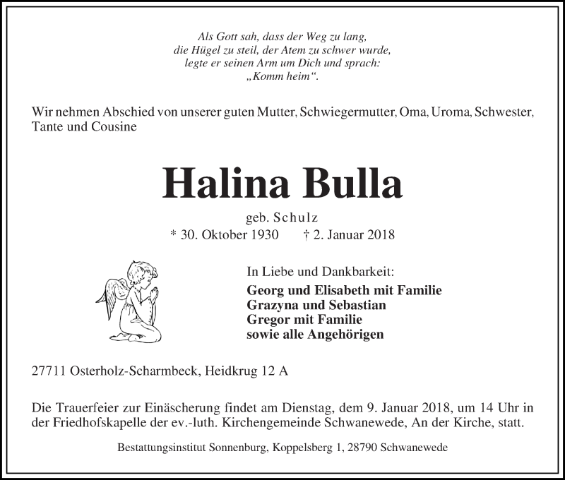 Traueranzeige von Halina Bulla von Osterholzer Kreisblatt