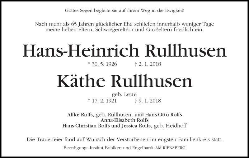 Traueranzeige von Hans-Heinrich und Käthe Rullhusen von WESER-KURIER