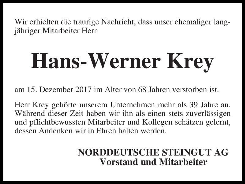  Traueranzeige für Hans-Werner Krey vom 17.01.2018 aus Die Norddeutsche