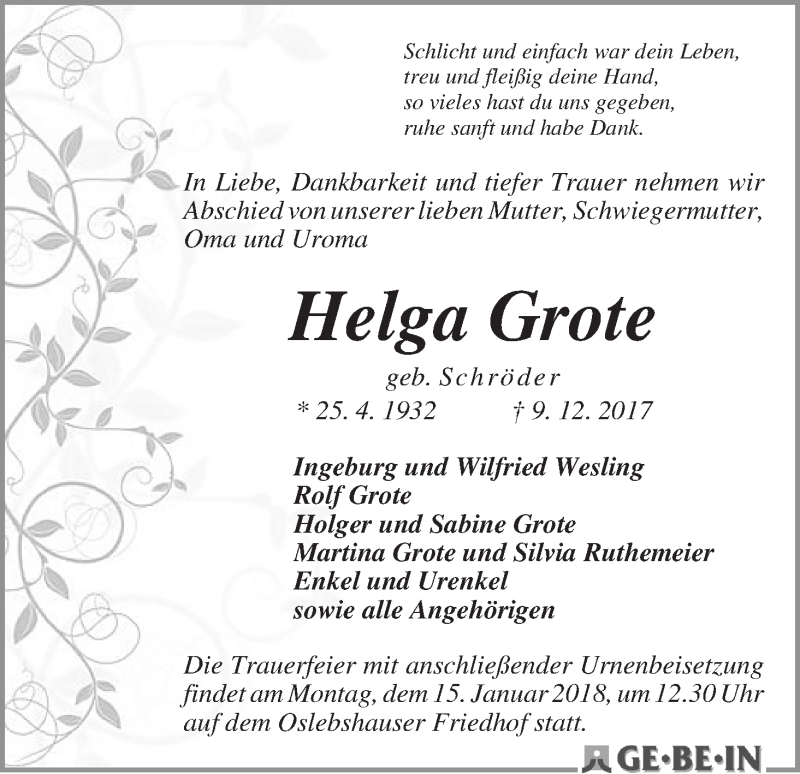  Traueranzeige für Helga Grote vom 06.01.2018 aus WESER-KURIER