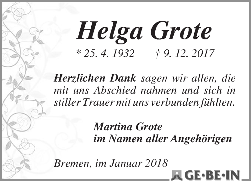  Traueranzeige für Helga Grote vom 20.01.2018 aus WESER-KURIER