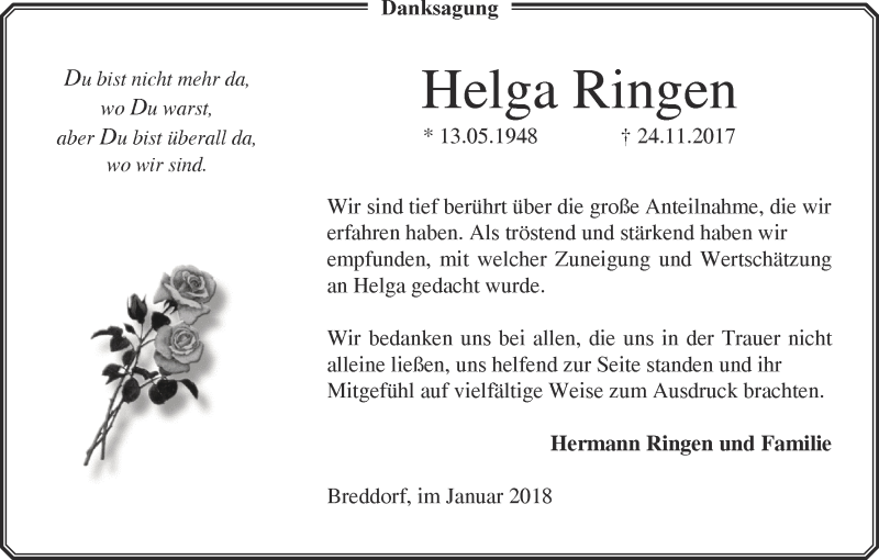  Traueranzeige für Helga Ringen vom 20.01.2018 aus Wuemme Zeitung
