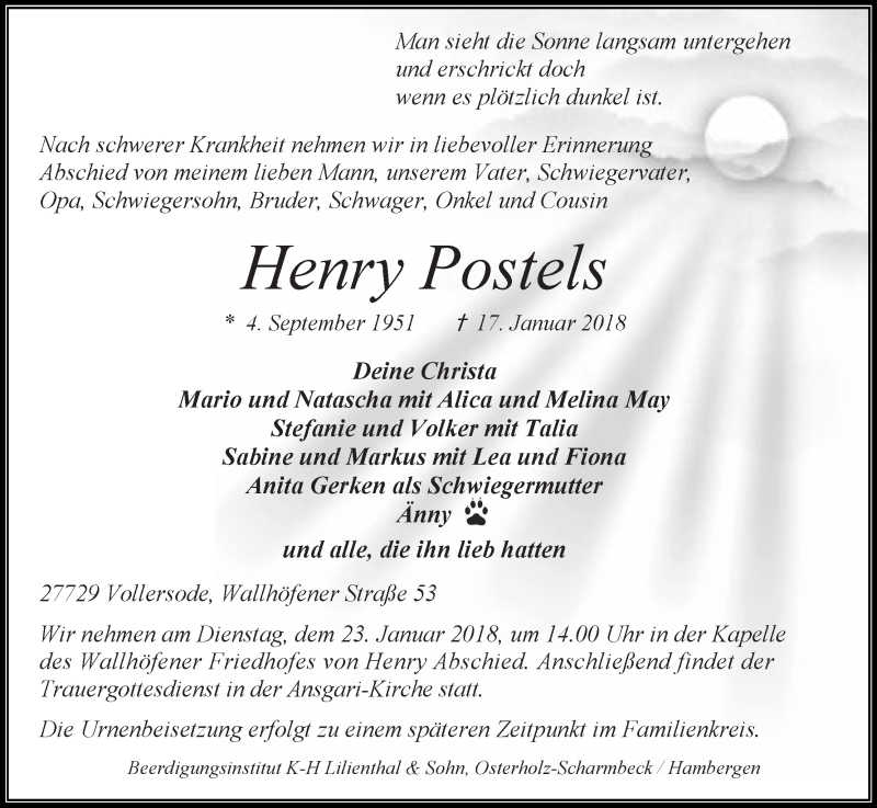  Traueranzeige für Henry Postels vom 20.01.2018 aus Osterholzer Kreisblatt