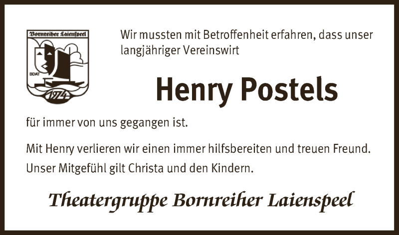  Traueranzeige für Henry Postels vom 23.01.2018 aus Osterholzer Kreisblatt