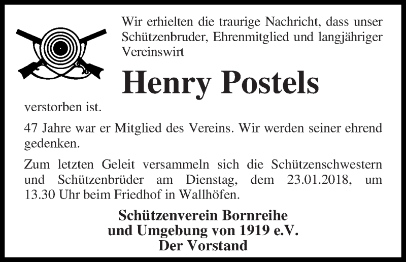  Traueranzeige für Henry Postels vom 22.01.2018 aus Osterholzer Kreisblatt