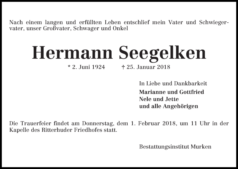  Traueranzeige für Hermann Seegelken vom 27.01.2018 aus Osterholzer Kreisblatt