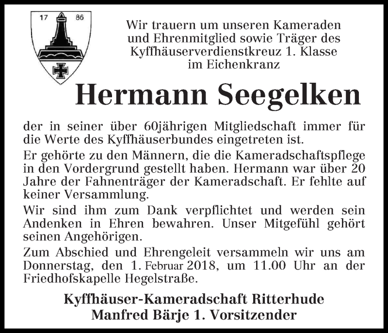  Traueranzeige für Hermann Seegelken vom 29.01.2018 aus Osterholzer Kreisblatt