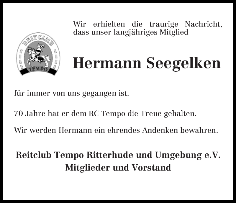  Traueranzeige für Hermann Seegelken vom 30.01.2018 aus Osterholzer Kreisblatt