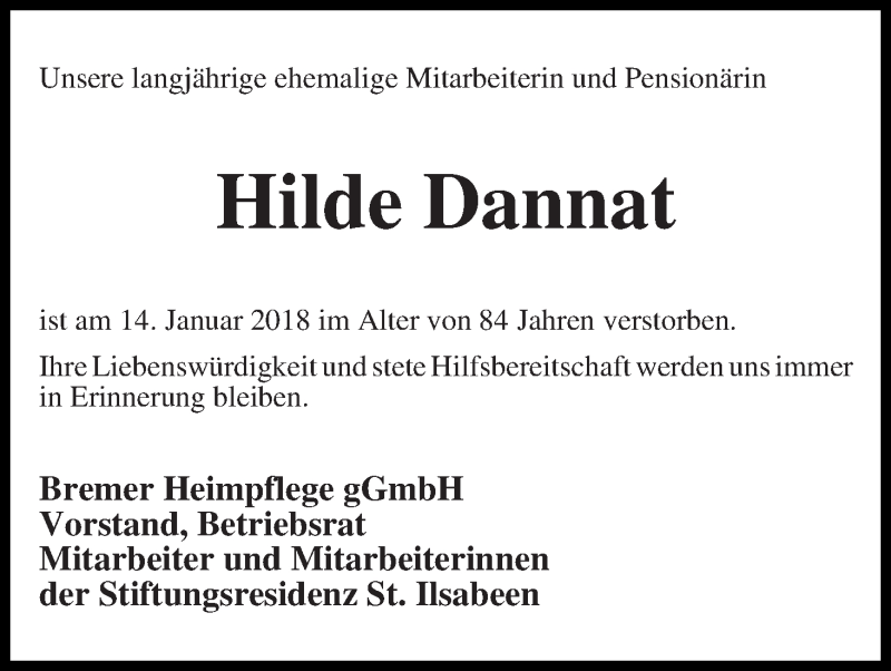  Traueranzeige für Hilde Dannat vom 24.01.2018 aus WESER-KURIER