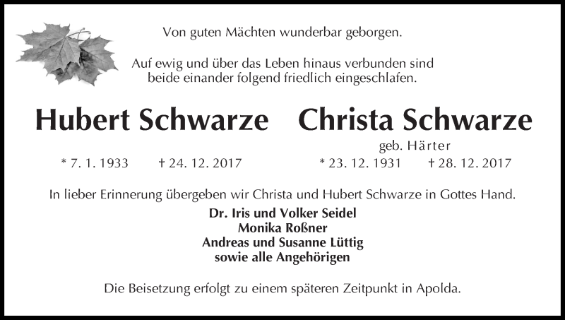 Traueranzeige von Hubert und Christa Schwarze von WESER-KURIER