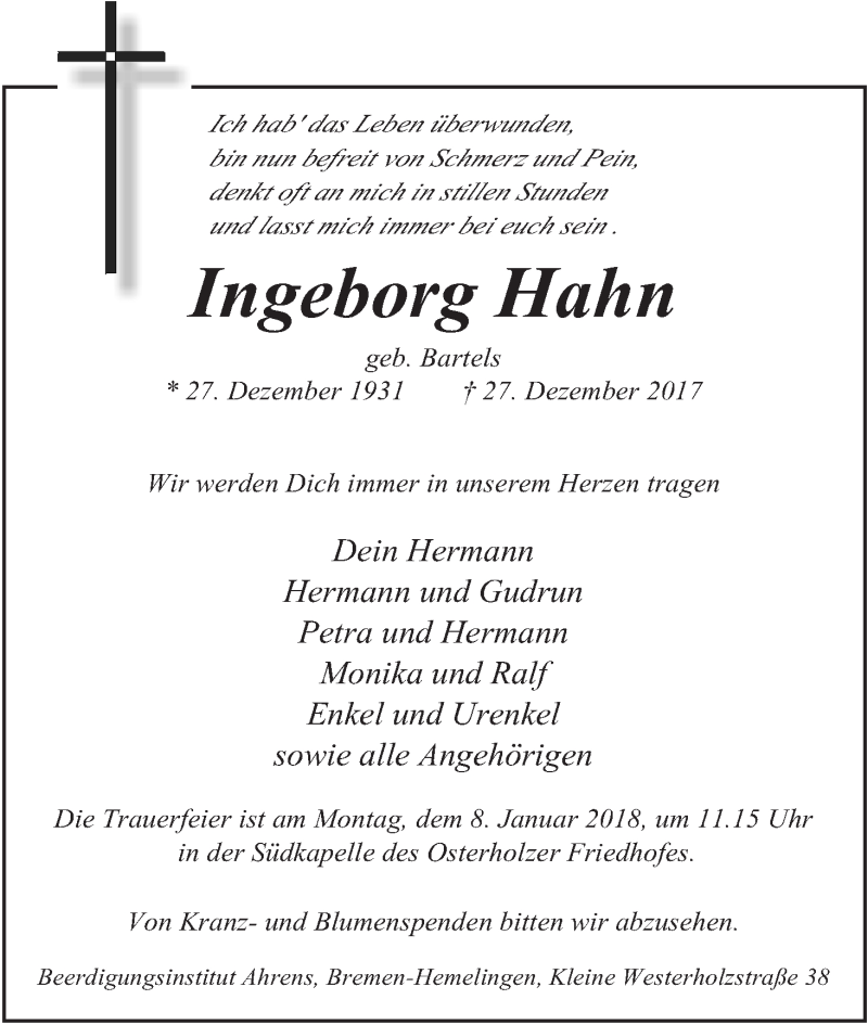  Traueranzeige für Ingeborg Hahn vom 03.01.2018 aus WESER-KURIER