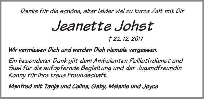  Traueranzeige für Jeanette Johst vom 27.01.2018 aus WESER-KURIER