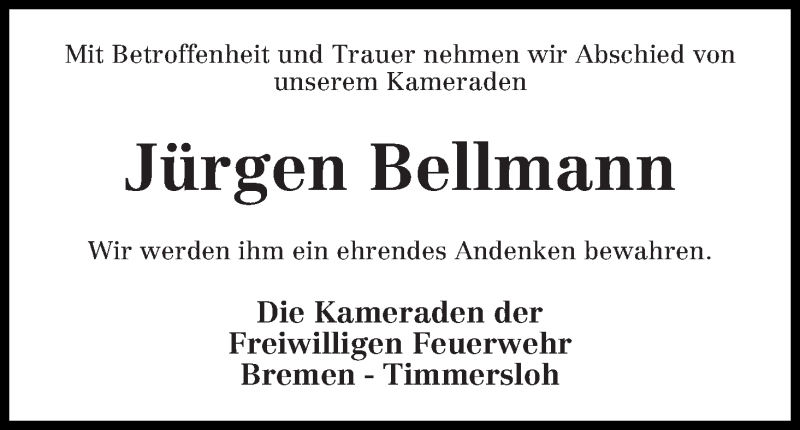  Traueranzeige für Jürgen Bellmann vom 15.01.2018 aus Wuemme Zeitung