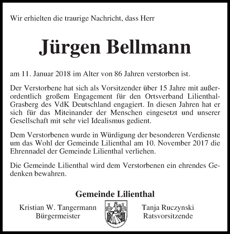  Traueranzeige für Jürgen Bellmann vom 18.01.2018 aus Wuemme Zeitung