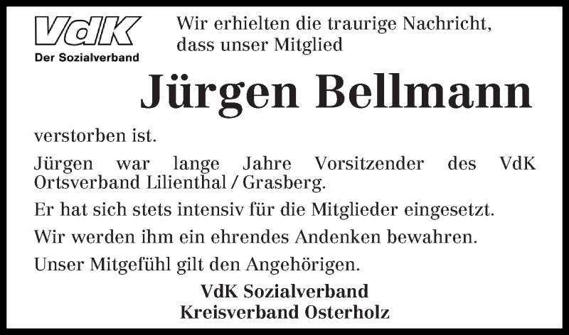  Traueranzeige für Jürgen Bellmann vom 15.01.2018 aus Osterholzer Kreisblatt