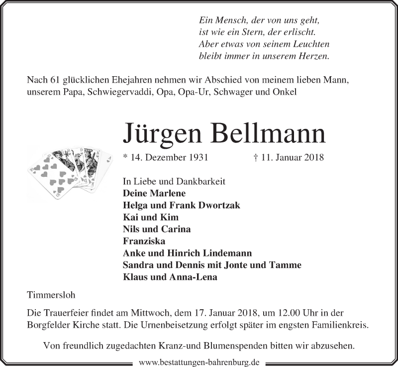  Traueranzeige für Jürgen Bellmann vom 15.01.2018 aus Wuemme Zeitung