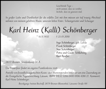 Traueranzeige von Karl Heinz (Kalli) Schönberger