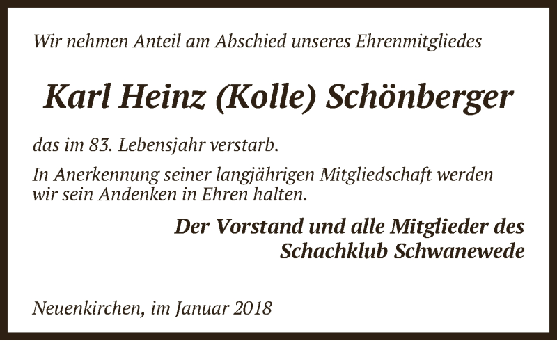 Traueranzeige von Karl Heinz (Kolle) Schönberger von Die Norddeutsche