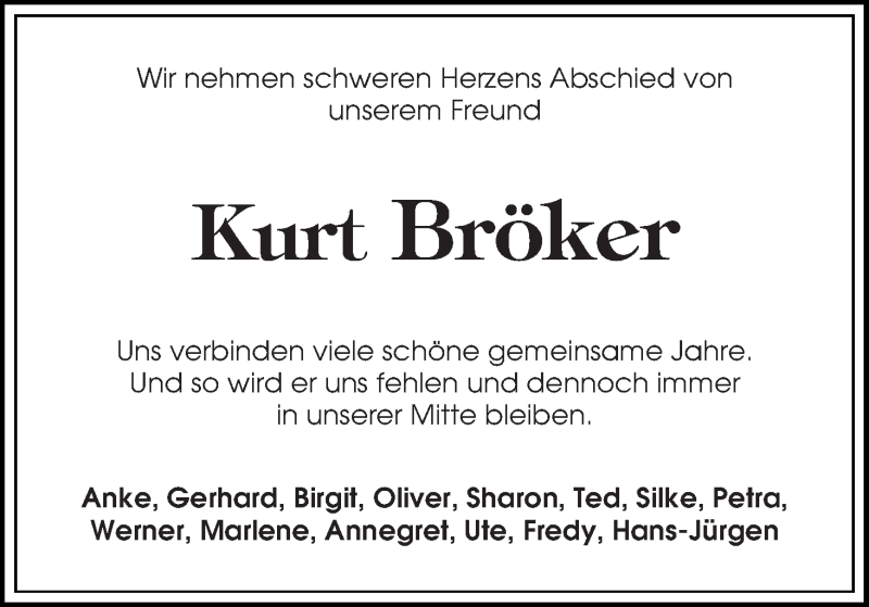  Traueranzeige für Kurt Bröker vom 24.01.2018 aus WESER-KURIER