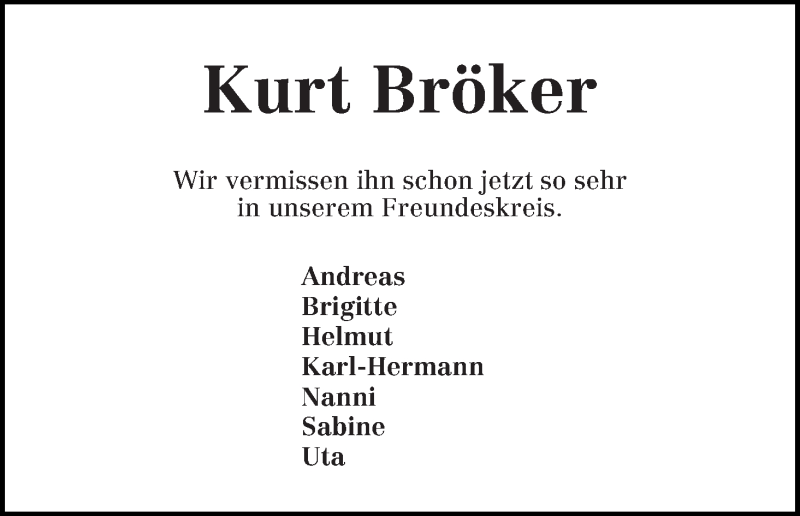  Traueranzeige für Kurt Bröker vom 20.01.2018 aus WESER-KURIER