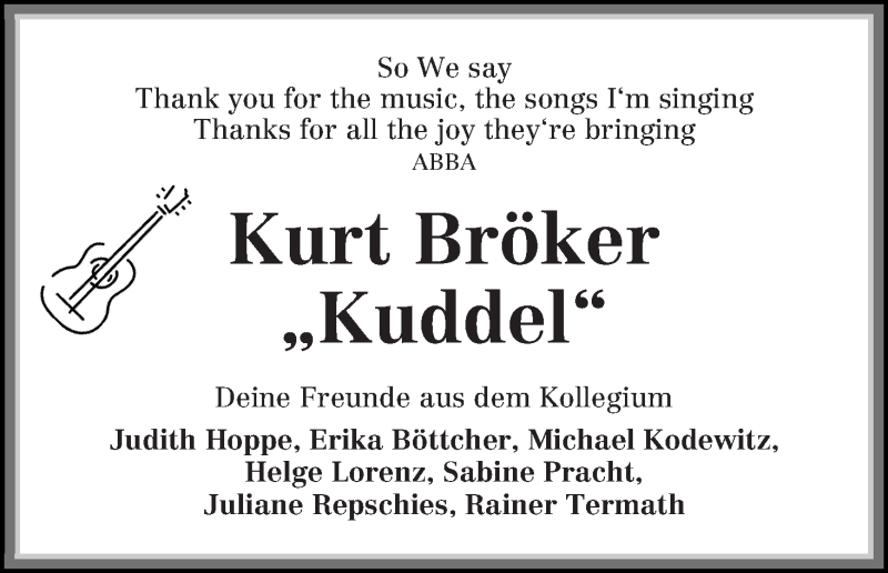  Traueranzeige für Kurt Bröker vom 20.01.2018 aus WESER-KURIER