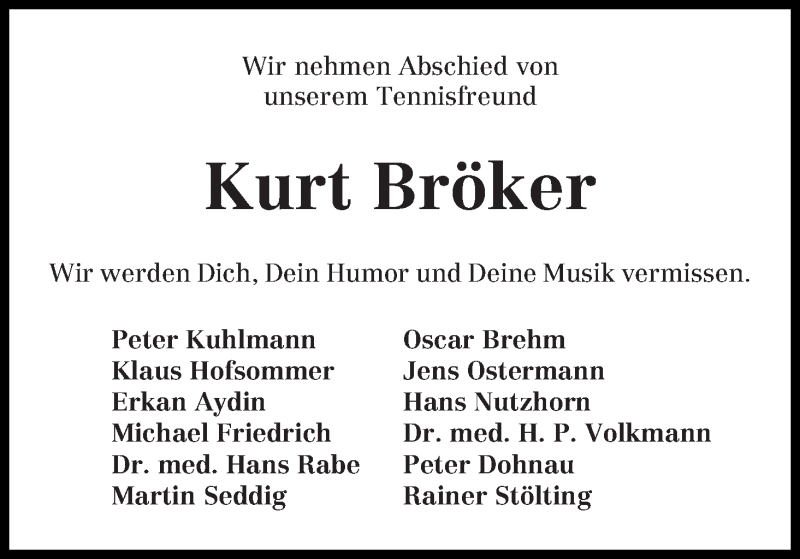  Traueranzeige für Kurt Bröker vom 20.01.2018 aus WESER-KURIER