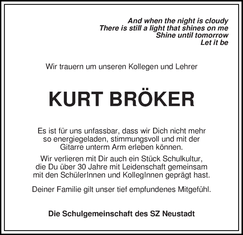  Traueranzeige für Kurt Bröker vom 20.01.2018 aus WESER-KURIER