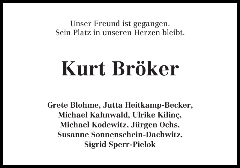 Traueranzeige für Kurt Bröker vom 20.01.2018 aus WESER-KURIER